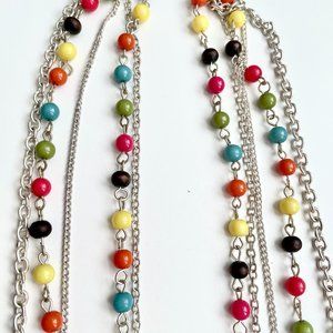 Vintage long silver chains with multicolored small bakelite beads. 70's